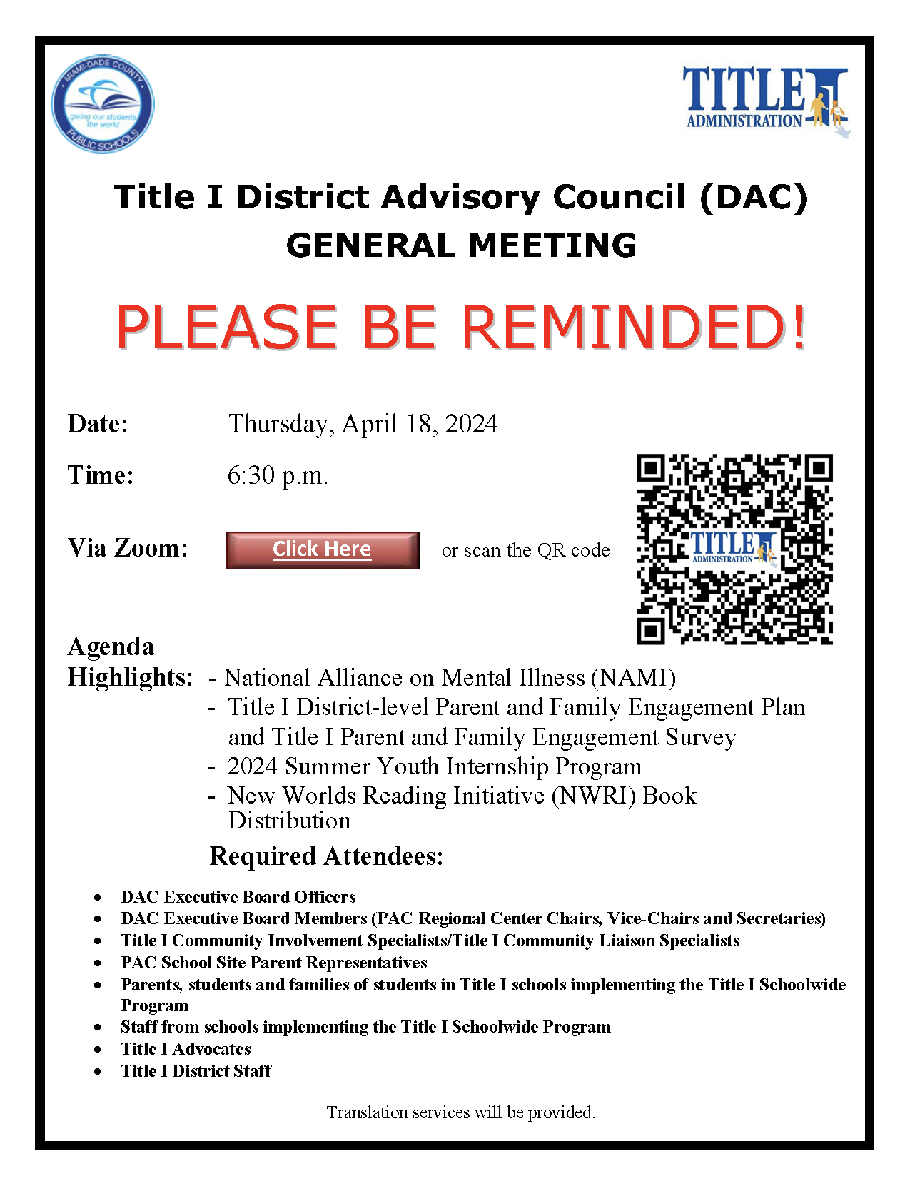 Title I District Advisory Council (DAC) General Meeting